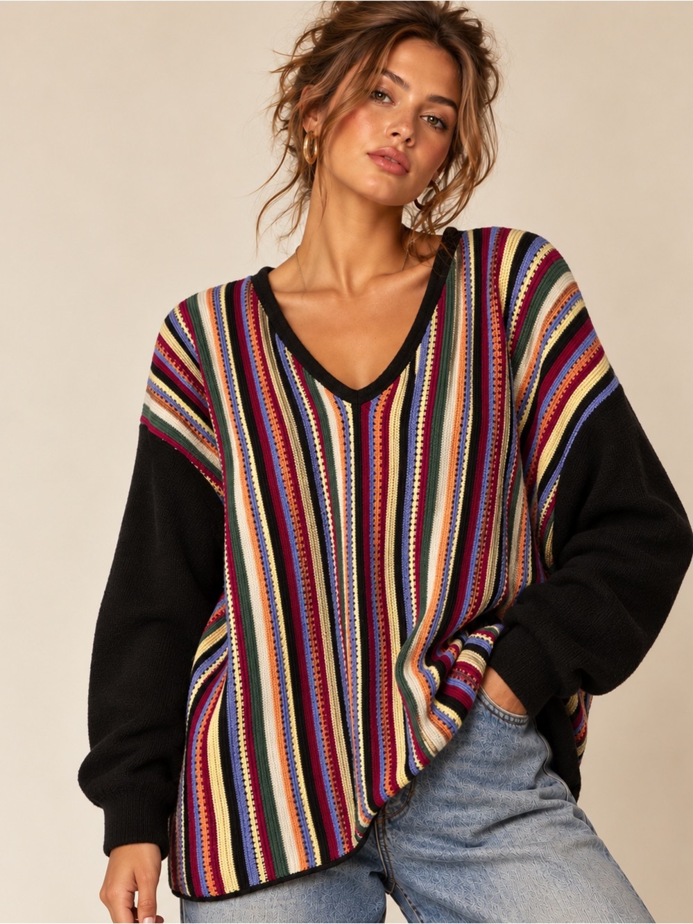 Vintage Maggie McNaughton Multicolor Striped Knit Sweater Oversized Boho Artsy L